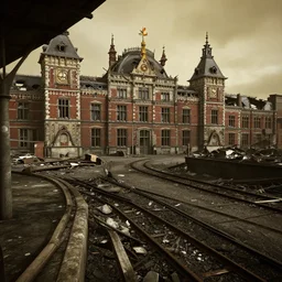 Rotterdam Centraal Station in ruins post-nuclear war in Fallout 4, in game screenshot