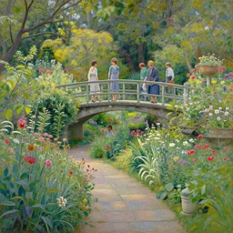 a painting of a romantic garden, old bridge, flowers, plants, stone path, soft lighting from the left, by wes anderson, jeremy lipking, ron hicks, joseph todorovitch, thomas kinkade