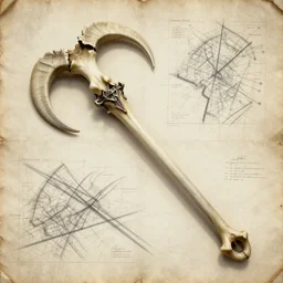 technical drawing of a bone made reaper, weapon design, rpg, delicate, detailed map, notes, scribbles, old paper, sharpness