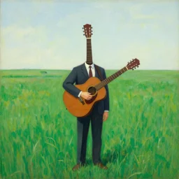 whimsical painting of a man with a guitar for a head standing in a green field, painted by shaun tan, award winning painting