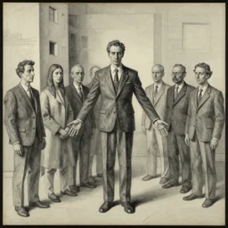 Man shunned from a group because his arms are too long, by Grant Wood, sketch by Brian Despain, surrealism, figurativism, Giorgio de Chirico, brutalism, artstation