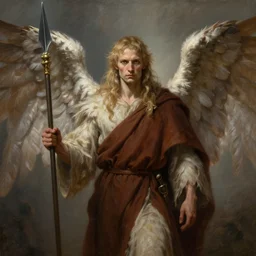'Ivan the feathered monk' A beautiful detailed epic dungeons and dragons portrait painting depicting 'A feathered humanoid monk with two wings and two arms holding a spear' by Jean Delville, Trending on cgsociety artstation, 8k, masterpiece, cinematic lighting.