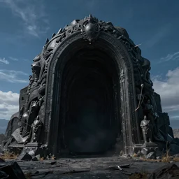 dark portal open in the air, a blue sky in the background, matte painting, artstation trending