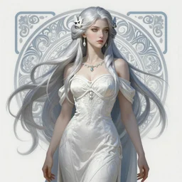 aristocrat, white grey blue color palette, female, d & d, fantasy, intricate, elegant, highly detailed, long silver hair, digital painting, artstation, octane render, concept art, matte, sharp focus, illustration, hearthstone, art by artgerm, alphonse mucha johannes voss