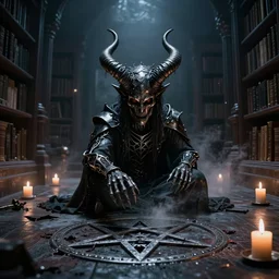 a metal musician using a pentagram on the floor to conjure a demon inside a spooky library. Twisted Demon horns breaking through the floor. Candles. Ominous lights. Magic dust. Cult Horror film still.