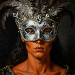 a baroque neoclassicist close - up portrait of a dark alien being gazing intensely with orange skin and warpaint, big eyes, wearing a silver retrofuturistic venetian carnival mask. feathers, crystals, and zippers. head, face and shoulders, foggy black background. renaissance portrait painting. highly detailed science fiction painting by norman rockwell, frank frazetta, syd mead and moebius. rich colors, high contrast, gloomy atmosphere, dark background. trending on artstation.