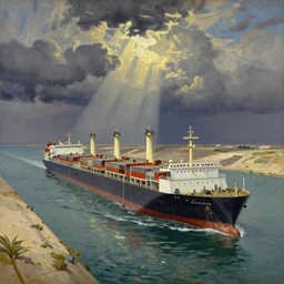 thomas kinkade drawing of the ever given blocking the suez canal