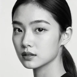 black and white vogue closeup portrait by herb ritts of a beautiful female model, korean, high contrast