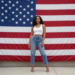 daizy duke posing against the American flag, wide shot, realistic, 8k resolution, hyperdetailed, highly detailed, real life, outside lighting, high quality, photo