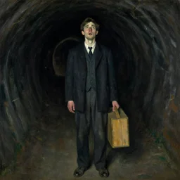 Andrew Wyeth artwork, A man with a wooden box under his arm stands inside a dark tunnel, looking up with an expression of horror