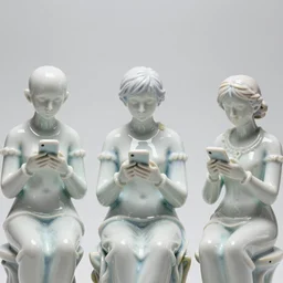 Porcelain people figurines staring down at their phones, intricate, delicate, Canon TS-E 17mm f/4, pristine quality wallpaper