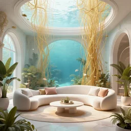 a modern indoor room underwater surounded a hiper detailed thin golden tendrils, clean architecture, pastel colored, baroque, a couch, a couch table, some fresh plants, intricate detailed 3 d render, elegant, intense colors, wide shot, octane render, photorealistic, daylight, peaceful, 8 k