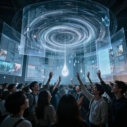 mood lighting, cinematic epic, groups of happy people, many vortexes of overlapping translucent gigantic screens projecting beautiful reference sheets, floating translucent graphics, dripping light drops, hands touching light drops, supercomputers transforming text to images, perfect lighting pixel sorting