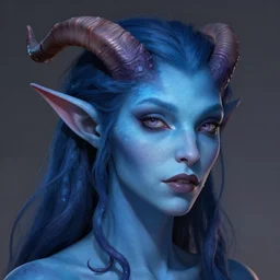 close - up portrait of a female tiefling with blue skin, tendrils, and horns. illustration, trending on artstation, perfect lighting, concept art