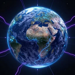 looking at earth from mحon, ornate and intricate, by greg rutkowski, by anton fadeev, by rhads, by midge sinnaeve, 4 k, cyber punk style, glowing blue veins, purple glowing wires