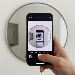 a smart phone taking a picture of a mirror, infinite recursion, ink drawing, in the style of m. c. escher