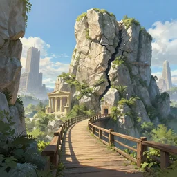 crack rock grec greeble temple in bushes fall time futuristic of olympus glory  sci-fi city of Atlantis  hill valley grec greeble wood bridge painting of tower  ivy plant   in marble , behance hd by Jesper Ejsing, by RHADS, Makoto Shinkai and Lois van baarle, ilya kuvshinov, rossdraws global illumination