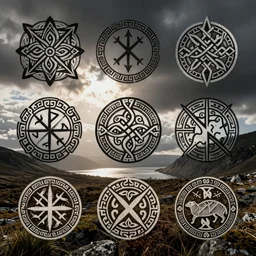 celtic symbols, viking runes, seals, lithography, tattoo