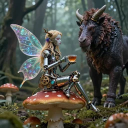 35mm intricate mechanical fairy with visible gears and electronics and optic Fibres sitting on top of a mushroom in a magical forest, having tea with a giant minotaur. Very detailed 8k. Fantasy cyberpunk horror. Sharp. Cinematic post-processing