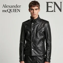 a editorial photo of a male model wearing a alexander mcqueen medieval short leather menswear jacket