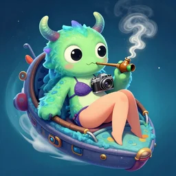 cute monster, curled perspective, digital art, alien on ship, bikini girl smoking a bong, old photo camera, anton fadeev