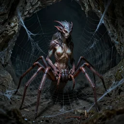 female half human half spider drider with a human torso and spider legs sitting on a spider web in a dark cave, ultra detailed, high fantasy, monster, creature design, dnd, dndbeyond, realistic, concept art, octane render, 8 k, moody lighting, muted colors, blue tone light, dramatic lighting, john singer sargent, matte painting