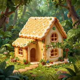 hyper realistic cookie house in the jungle, illustrated by greg rutkowski, beautiful volumetric lighting, intricate, ultra detailed, photorealistic, trending on artstation, octane render, 8 k