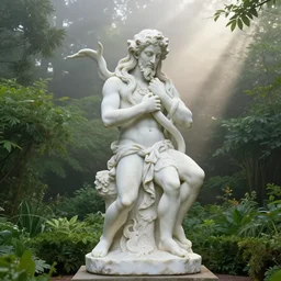 a classical marble statue of cthulhu in a lush green garden by gil elvgren and anton fadeev albrecht anker, mist, hyperrealism, volumetric lighting, god rays, ultrafine details, sfumato
