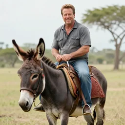 photo realistic photo of billy bob thornton riding a donkey