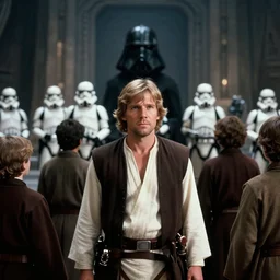 screenshot portrait of Luke Skywalker with class of padawans, facing off against a sithtroopers around Temple, iconic scene from 1980s film by Stanley Kubrick, 4k serene, iconic shot, surreal sci fi set design, photoreal, detailed face, moody lighting stunning cinematography, hyper detailed, sharp, anamorphic lenses, kodak color film stock