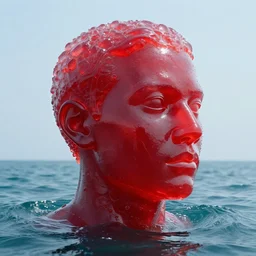a giant human head sculpture in the sea made out of juicy and transparent red jelly, in the style of chad knight, long shot, hyper detailed, hyper realistic, ray tracing, 8 k resolution, sharp focus, realistic water, award winning
