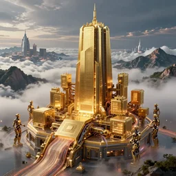 cult of technology, exterior of scifi temple, machines, robots, ultra realistic, golden computers, highly detailed, mountains, clouds, futuristic landscape, city, atmosphere, masterpiece, epic lighting, glowing wires, mysterious, illuminated, 4 k, cinematic, art by patryk olkiewicz and chris ostrowski and liang yao