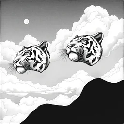 floating tiger heads in the sky, outline drawing, monochrome, magritte, jack gaughan