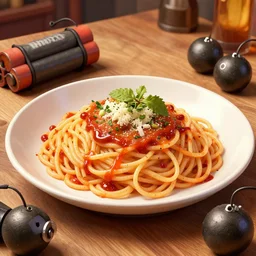 spaghetti with tnt bombs c 4 claymore art food restaurant digital art detailed