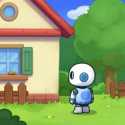 main player character, which is a small cute robot, standing outside a house, facing the side of the screen, from a lucasarts point and click 2 d graphic adventure game, art inspired by thomas kinkade