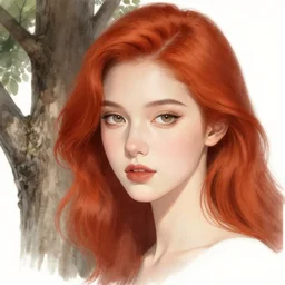 portait of beautiful and pretty girl, high quality detailed face, elegant, illustration, red hair, tree, art by audrey kawasaki