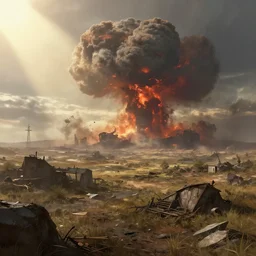 post apocalyptic landscape, there is a nuclear explosion in the background, few sun rays, wallpaper, artstation, digital painting, hd, high detailed