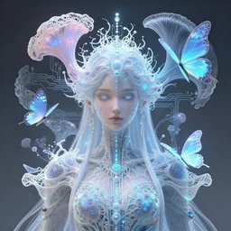 hyperdimensional queen in her 3 d bioluminescent radically alive dimensions of fungal fractals and butterflies, circuitry and electricity, intricate mycelial lace, fractalpunk, rococo, ultra detailed, intricate details, ornate, hyperrealistic, inspired by ross tran & brian froud & james jean & android jones & william morris & ernst haeckel & alphonse mucha, unreal engine render, octane render