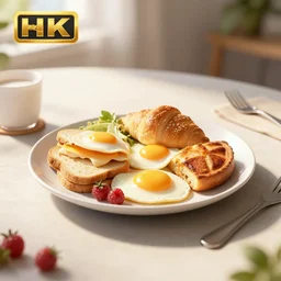a table with a delicious breakfast, morning light, 3d render, octane render, 8k