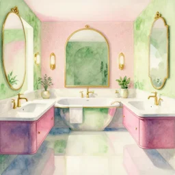 a hiper intricate watercolor of a beauty modern bath room, reflexions, intricate details, pink and apple geen harmony palette smooth, by william turner art, by greg rutowski by edmund dulac, by carl larson