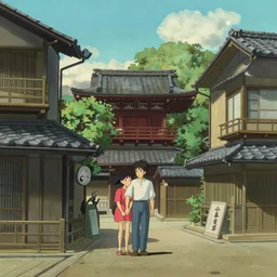Shibuya with traditional Japanese architecture, scene from a Studio Ghibli film, digital painting, concept art by Hayao Miyazaki