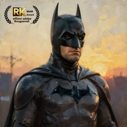 Painting of Michael Keaton as Batman. Art by william adolphe bouguereau. During golden hour. Extremely detailed. Beautiful. 4K. Award winning.