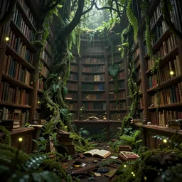 close - up of the decaying interior of an ( ( old library ) ) with a rainforest growing inside, fireflies in the air, highly detailed, intricate detail, realistic shaded lighting, beautiful 3 d rendering, octane render, hyperrealistic, trending on artstation, by greg rutkowski and simon stalenhag