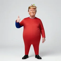 color studio photo of tim cook wearing an apple costume with donald trump giving a thumbs up