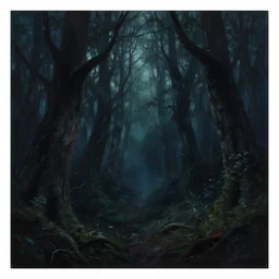 a dark horrific forest at night, beautiful painting, 8 k