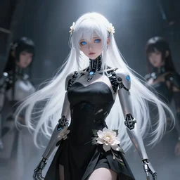 cyborg girl with white hair and black skirt, flower decorations, priestess, dreamy, beautiful illustration, scifi, atmosphere, top lighting, blue eyes, focused, perfect composition, artstation, highly detailed, art by yuhong ding and chengwei pan and serafleur and ina wong