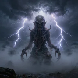 concept art of a slimy cthulhu emerging from a foggy thunder storm, thalassophobia, multiple illuminated lightning strikes!!!, thunder!!!, lovecraftian, by daytoner daniel hahn, hr giger, highly detailed, dramatic lighting, octane render, c 4 d, clear, sharp, ominous, misty, volumetric fog, unsettling, 8 k