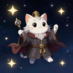 one cartoonish kitty dressed as Gandalf floating alone in space, bright stars, anime, a fantasy digital painting by Greg Rutkowski and James Gurney, trending on Artstation, highly detailed