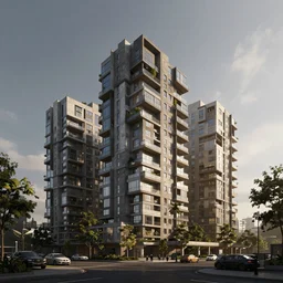 brutalist architecture building, apartment complex, octane render, cgsociety, highly detailded, volumetric lighting