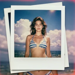 weathered old analog polaroid portrait photograph of a beautiful young woman wearing a vintage striped bathing suit, scrapbook, folded photo, summer, azure sky, big clouds visible, lensflare, sunlight, glare, depth of field, bokeh, filmgrain, red color bleed